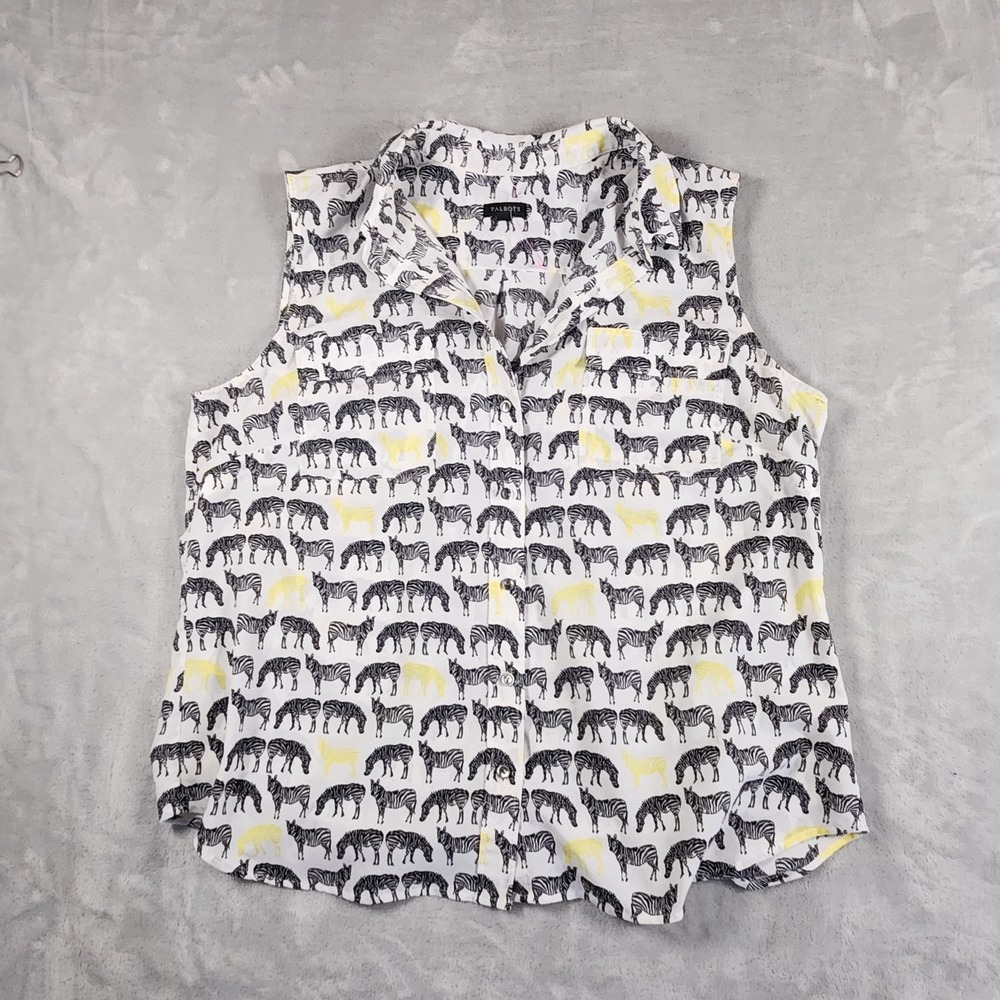 Talbots Womens 16 Sleeveless Button Down Blouse Zebra All Over Print Preppy